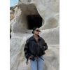 Siyah Kemerli Yarasa Kol Deri Mont