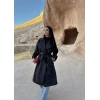 Siyah Kol Katlamalı Kemerli Trençkot