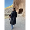 Siyah Kol Katlamalı Kemerli Trençkot
