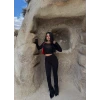 Siyah Paça Yırtmaçlı Fitilli Tayt