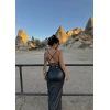 Siyah Sırt Bağcıklı Deri Elbise