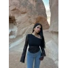 Siyah Tek Omuz Tül Detay Crop