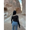 Siyah Tek Omuz Tül Detay Crop