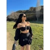 Siyah Yüksek Bel Fırfırlı Şort Etek