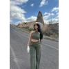 Yeşil Boyundan Bağlamalı Keten İkili Takım