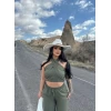 Yeşil Boyundan Bağlamalı Keten İkili Takım
