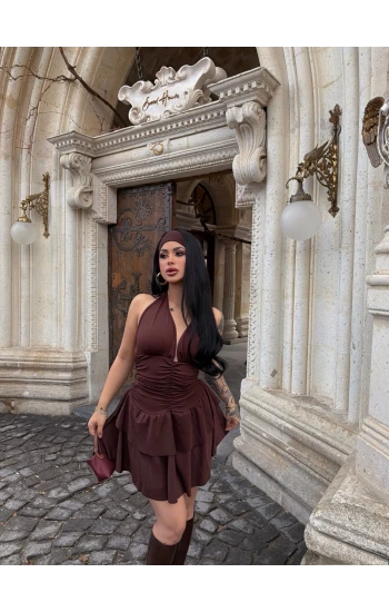 Kahve Boyundan Geçmeli Drapeli Elbise