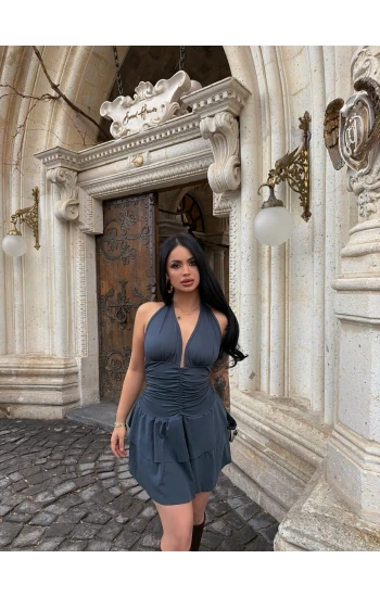 Füme Boyundan Geçmeli Drapeli Elbise