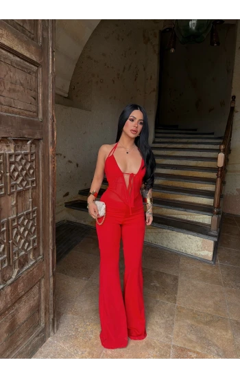 Kırmızı Boyundan Geçmeli Bağlamalı Tulum