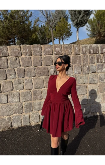 Bordo Şortlu Ön Arka V Elbise