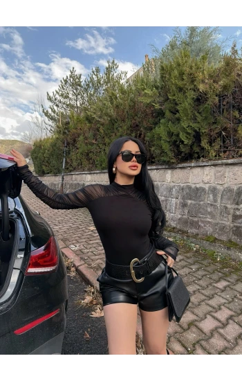 Siyah Kolları Tül Ribana Bluz