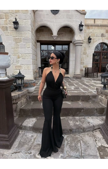 Siyah Aksesuar Askılı Tulum