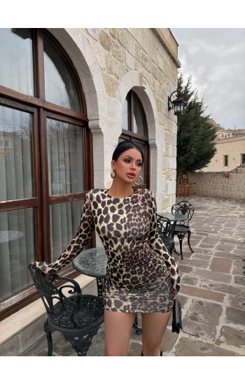 Leopar Omuz Vatkalı Sırt Dekolte Elbise
