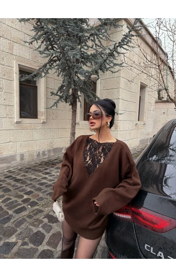 Kahve Güpürlü Kazak (Güpür ön-arka kullanılabilir)