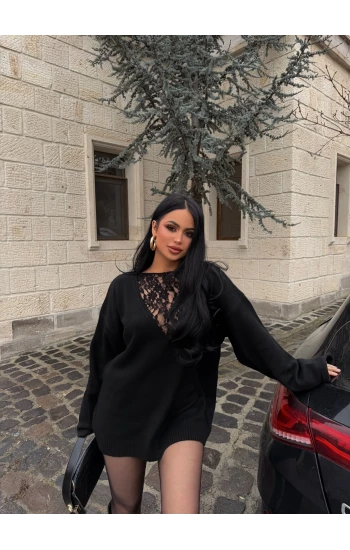 Siyah Güpürlü Kazak (Güpür ön-arka kullanılabilir)