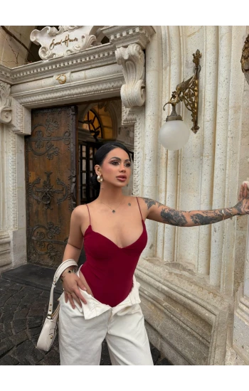 Bordo İp Askılı Basic Bodysuit