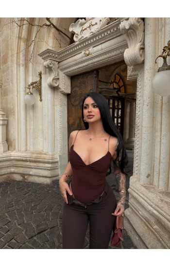 Kahve İp Askılı Basic Bodysuit