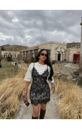 Askılı Güpürlü Elbise Tişört Dahil