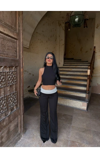 Siyah Bel Katlamalı Eşofman Altı