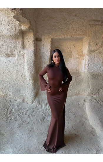 Kahve Kolları Volanlı Maxi Elbise