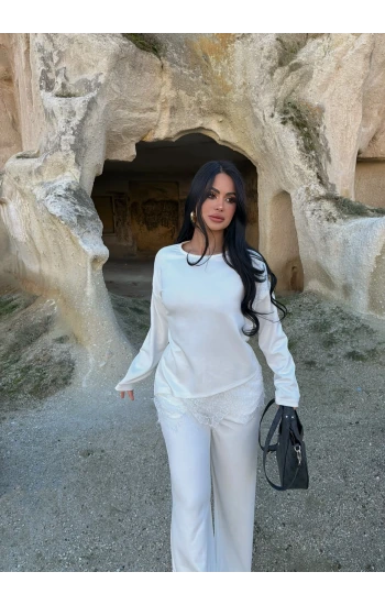 Ekru Eteği Güpürlü Modal Takım