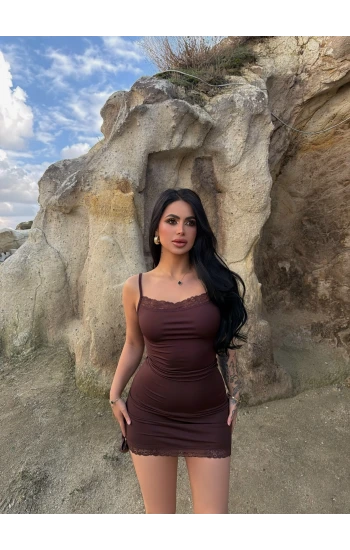 Kahve İp Askılı Güpürlü Scuba Elbise