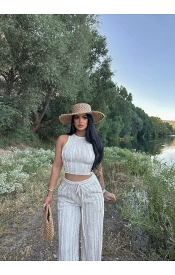 Bej Halter Ters Dikişli İkili Takım