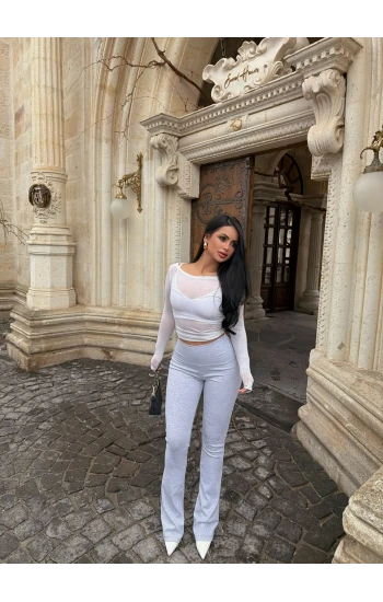 Gri Ribanalı Yüksek Bel Tayt