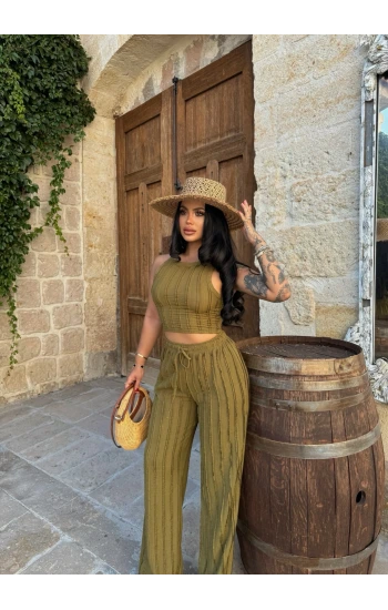 Yağ Yeşili Halter Ters Dikişli İkili Takım