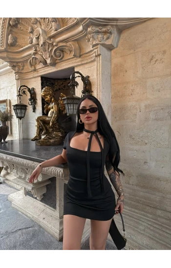 Siyah Fiyonk Bağlamalı Scuba Elbise