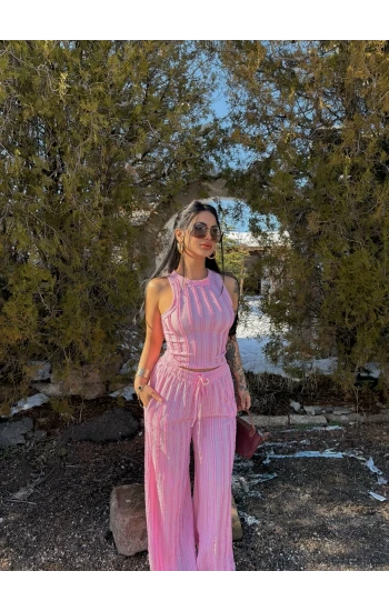 Pembe Halter Ters Dikişli İkili Takım