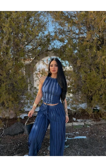 Lacivert Halter Ters Dikişli İkili Takım