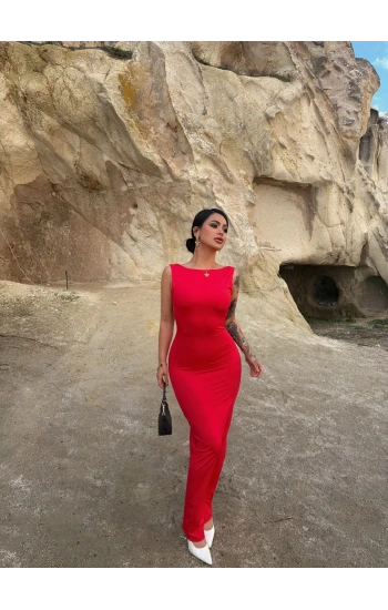 Kırmızı Sırt Açık Long Elbise
