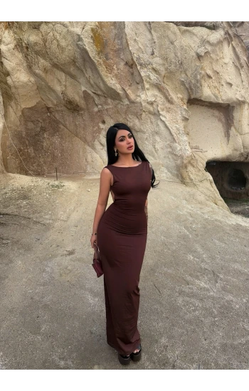 Kahve Sırt Açık Long Elbise