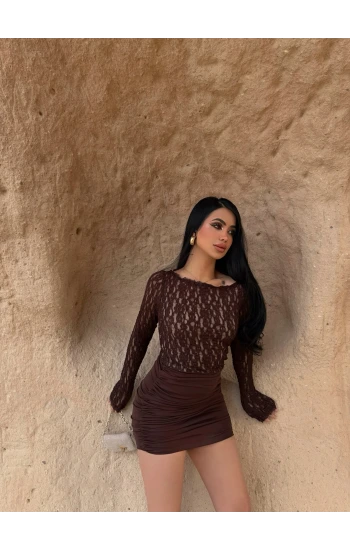 Kahve Sırt Dekolte Güpürlü Elbise