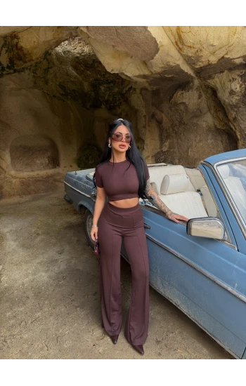 Kahve Şeritli Modal İkili Takım