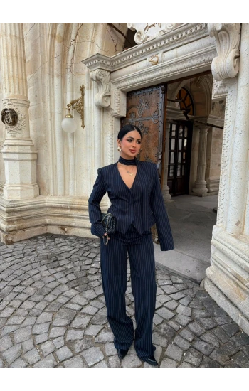 Lacivert Çizgili Blazer Üçlü Takım