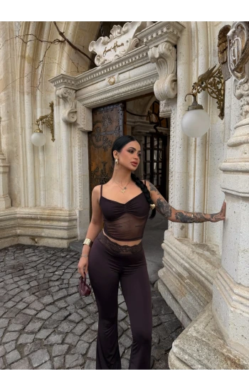 Kahve Güpür Detaylı Tayt İkili Takım