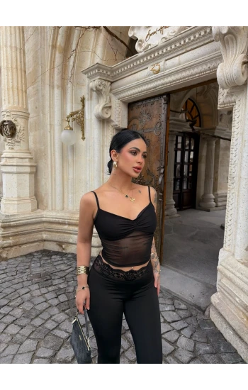 Siyah Güpür Detaylı Tayt İkili Takım