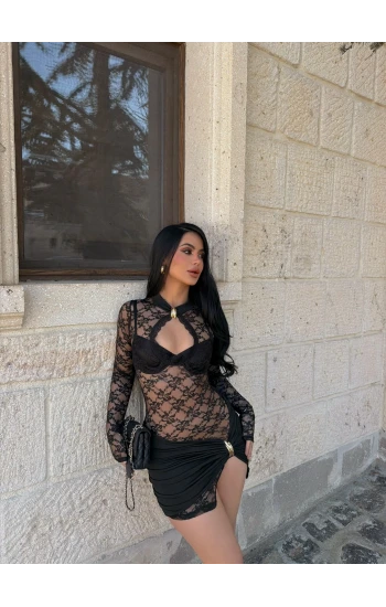 Aksesuarlı Dantel Elbise