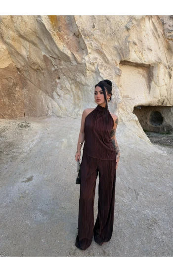 Kahve Sırt Dekolte Fitilli Takım