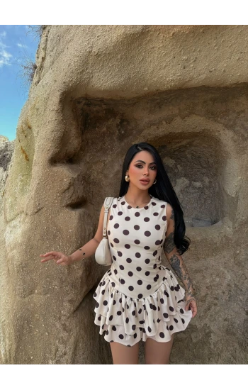 Puantiyeli Eteği Fırfırlı Elbise