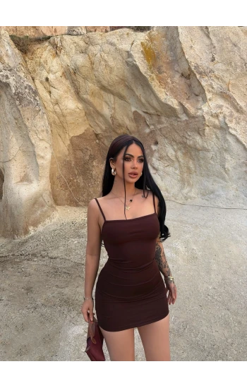Kahve Askılı Bodycon Mini Elbise