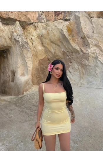Sarı Askılı Bodycon Mini Elbise
