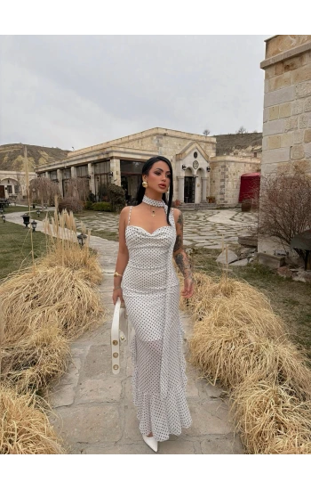 Beyaz Puantiyeli Fularlı Elbise