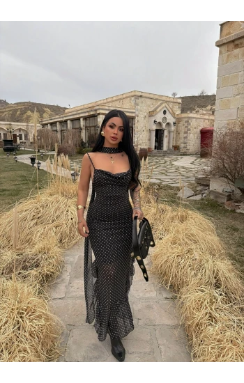 Siyah Puantiyeli Fularlı Elbise