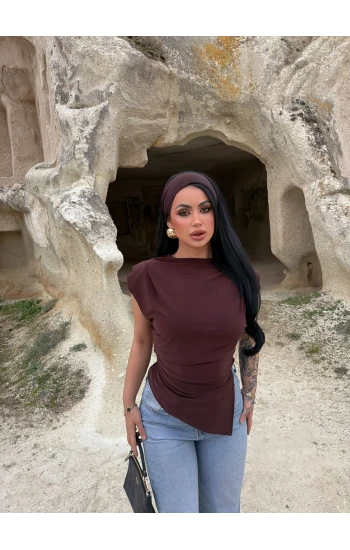 Kahve Vatkalı Pileli Bluz