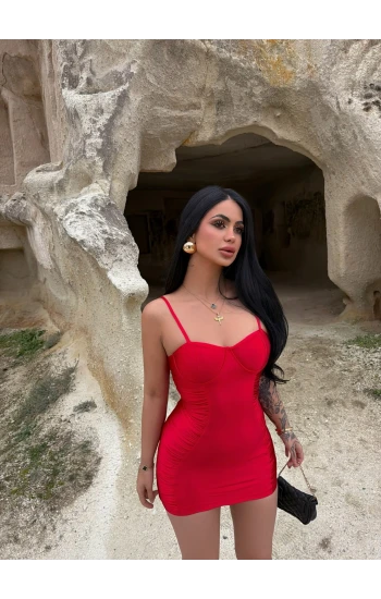 Kırmızı Balenli Saten Elbise