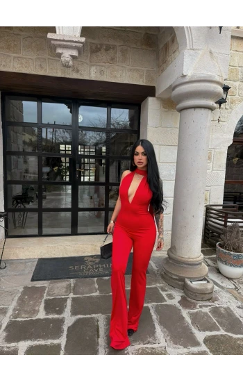 Kırmızı Boyundan Geçmeli Toparlayıcı Tulum