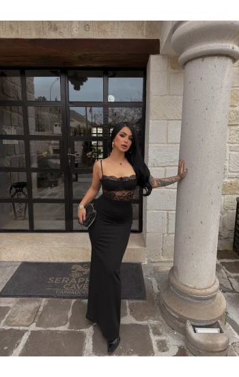 Güpürlü İp Askılı Maxi Elbise